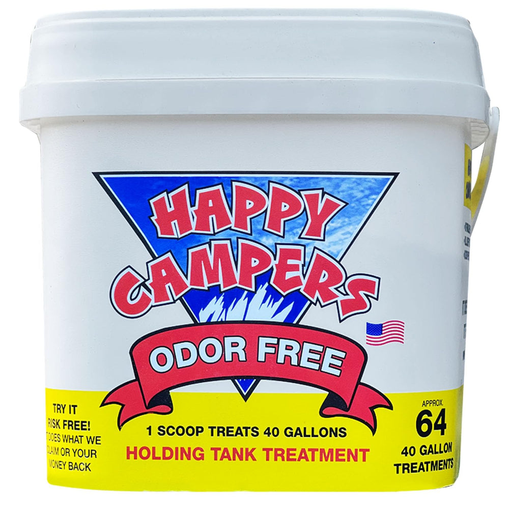Happy Campers empaque frontal mostrando dosis y 64 tratamientos, control de olores