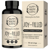 Happy Healthy Hippie frasco Joy-Filled frente mostrando etiqueta y beneficio de ánimo