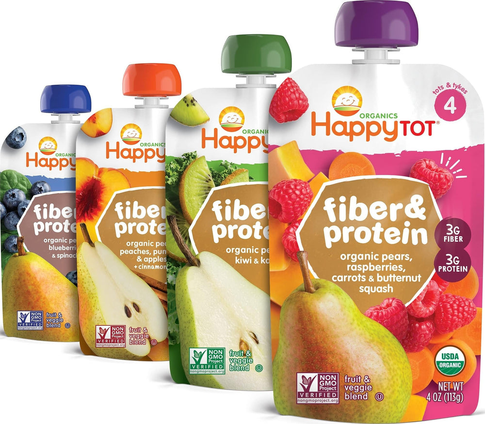 Happy Tot frente del pack de 16 bolsitas, práctico y nutritivo
