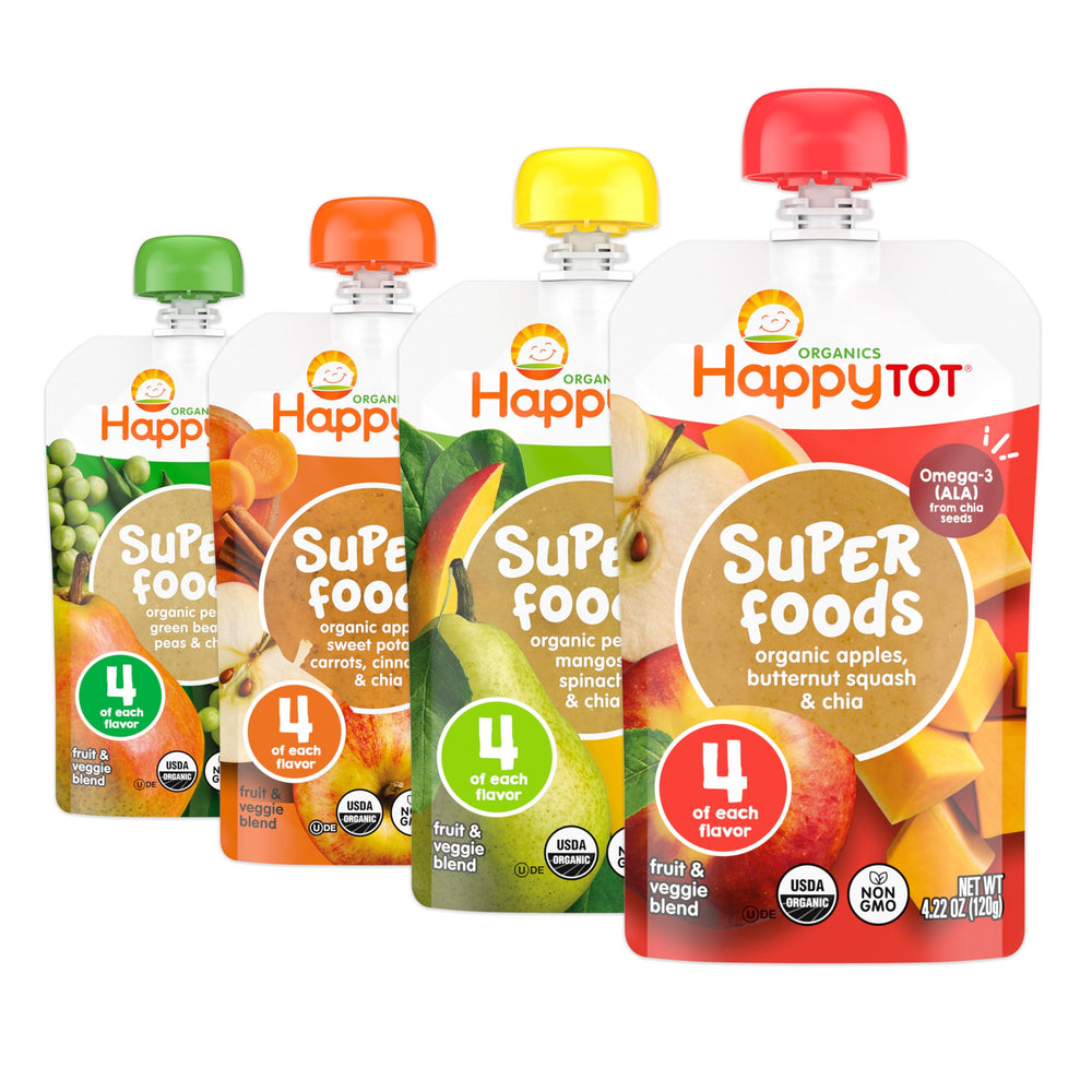 Happy Tot vista frontal del pack de 16 bolsitas, práctico para snacks