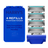 Harry's paquete frontal mostrando cuatro recambios y funda, conveniente para reemplazo