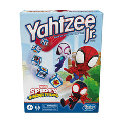 Hasbro Gaming caja frontal del juego Yahtzee Jr. con arte Marvel y atractivo visual