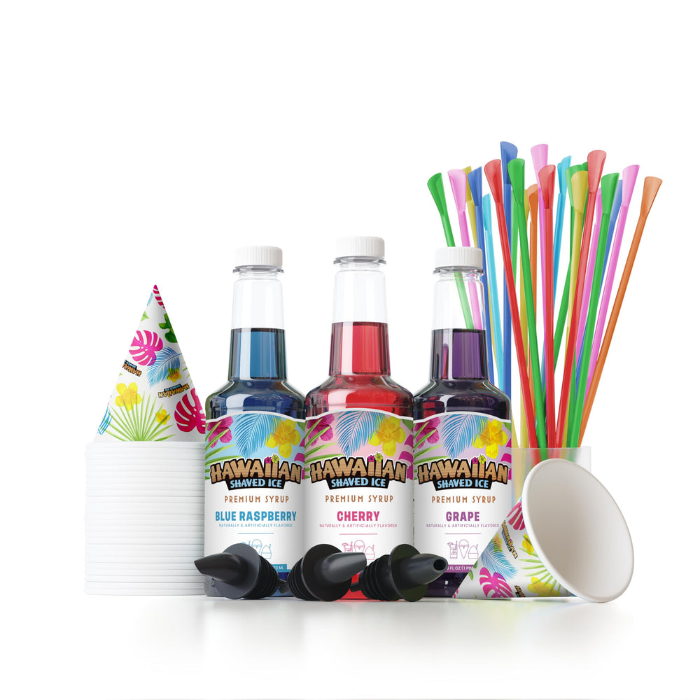 Hawaiian Shaved Ice paquete frontal con botellas y accesorios listo para fiestas