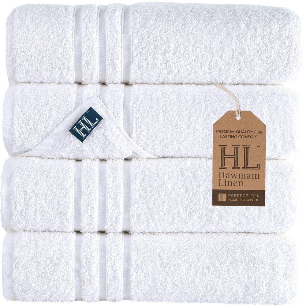Hawmam Linen frente del paquete con 4 toallas blancas, apariencia premium