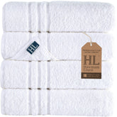Hawmam Linen frente del paquete con 4 toallas blancas, apariencia premium