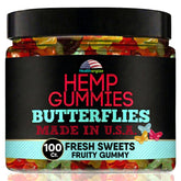 Healthergize envase frontal mostrando 100 gomitas mariposa y beneficios