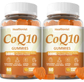 Healtionist gomitas CoQ10 vista frontal con envase y beneficio conveniencia