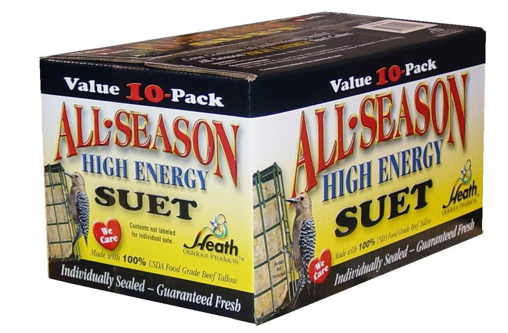 Heath Outdoor Products front packaging showing bird-shaped suet cakes and clear labeling, attracts birds