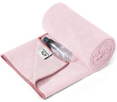 Heathyoga front view showing pink towel folded, clear brand and size benefits