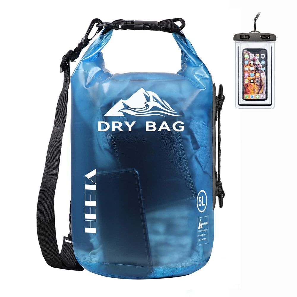 HEETA front view of transparent blue dry bag showing capacity and branding benefit visibility