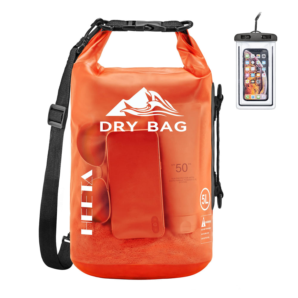 HEETA mochila estanca frontal naranja mostrando forma y cierre, protección clara