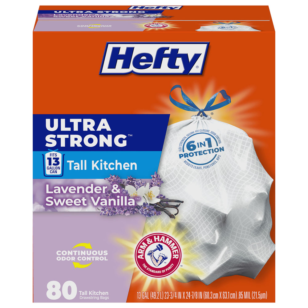 Hefty frente del paquete mostrando 80 bolsas y beneficio de cantidad
