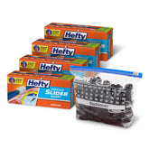 Hefty bolsa frente del paquete mostrando cantidad y beneficio de organización