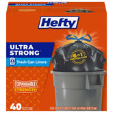 Hefty empaque frontal 33 galones mostrando cantidad y color para almacenamiento seguro