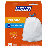 Hefty paquete frontal de 90 bolsas blancas mostrando cantidad y beneficio de ahorro
