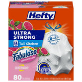 Hefty paquete frontal mostrando 80 bolsas y beneficio de resistencia
