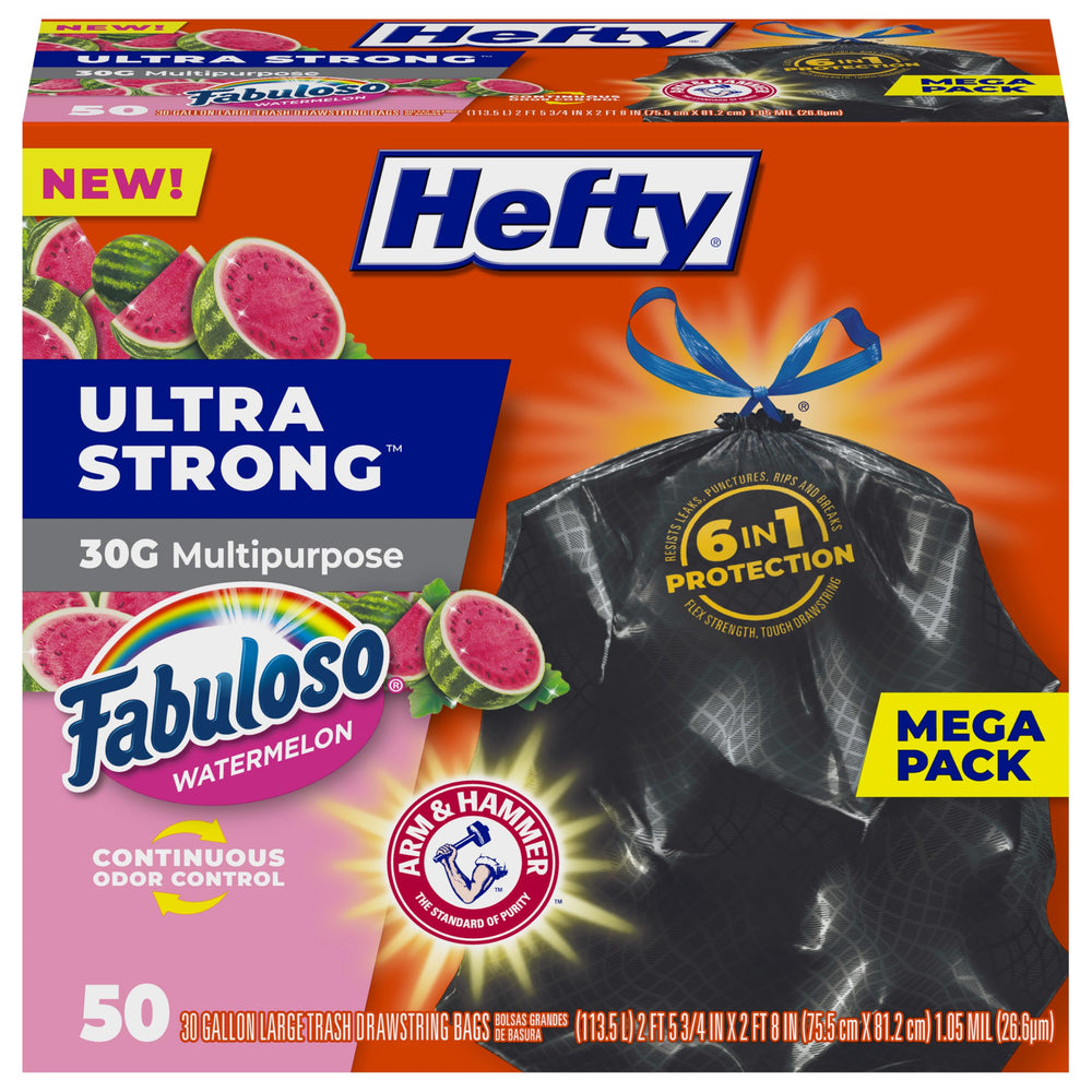 Hefty empaque frontal 30 galones mostrando cantidad y fragancia, conveniencia de compra