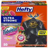 Hefty empaque frontal 30 galones mostrando cantidad y fragancia, conveniencia de compra
