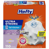 Hefty vista frontal del paquete de 110 bolsas mostrando cantidad y fragancia