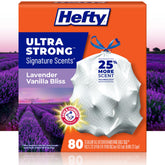 Hefty paquete frontal 80 bolsas mostrando cantidad y aroma, conveniencia