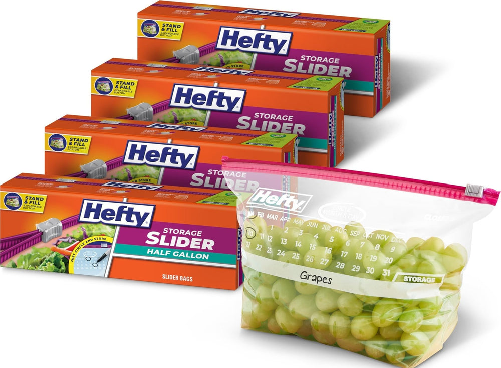 Hefty frente del paquete medio galón mostrando calendario y cantidad
