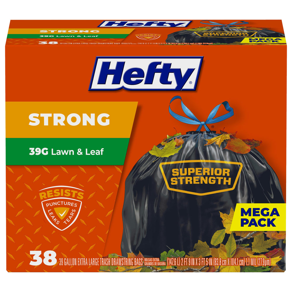 Hefty bolsa frente del paquete mostrando cantidad y tamaño para limpieza eficiente
