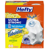 Hefty frente del paquete mostrando 80 bolsas y aroma Fabuloso Lemon beneficios de frescura