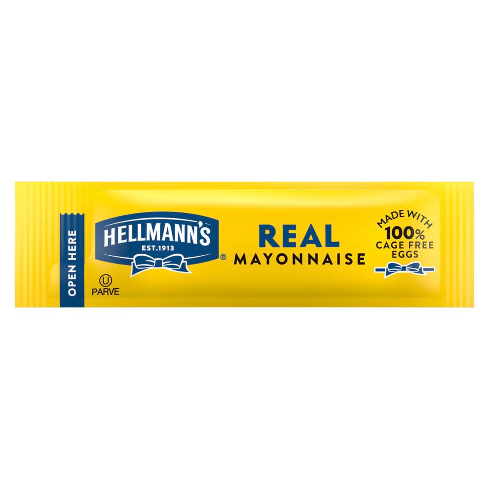 HELLMANN'S sobre frontal del paquete mostrando diseño y cantidad fácil de identificar.