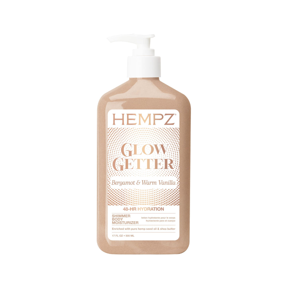 Hempz frasco frontal del producto muestra hidratación y brillo