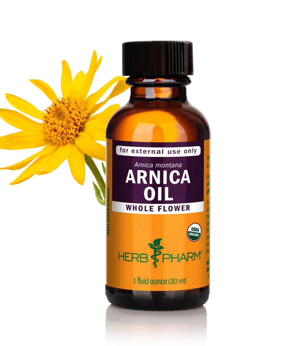 Herb Pharm frasco frontal de aceite de árnica muestra presentación orgánica