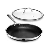 HexClad sartén 12" vista frontal con tapa, versatilidad en la cocina
