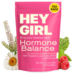 Hey Girl Tea empaque frontal que muestra 30 bolsitas y beneficios sin cafeína