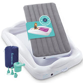 Hiccapop vista frontal del colchón inflable gris listo para usar con beneficio de portabilidad