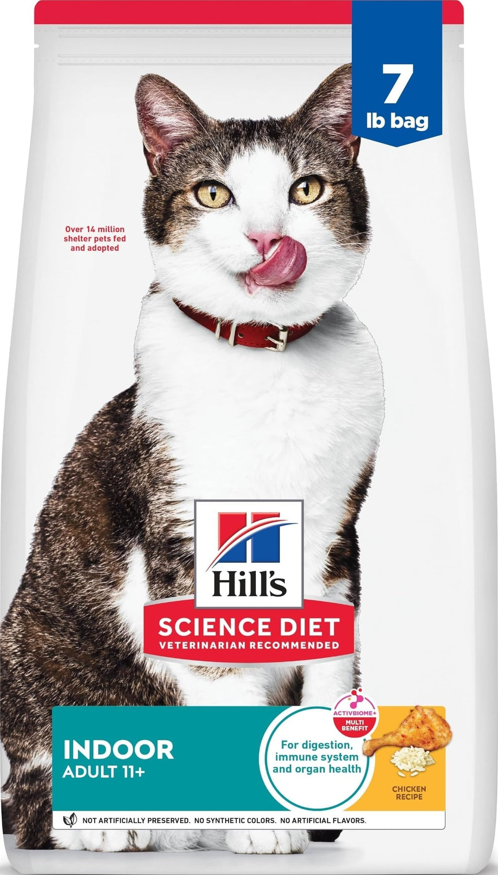 Hill's Science Diet envase frontal Senior 11+ Indoor mostrando beneficios clave
