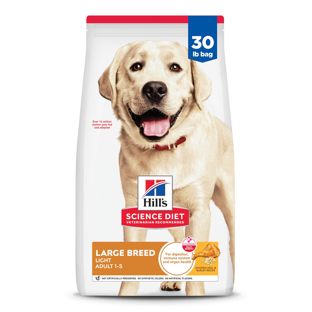 Hill's Science Diet envase frontal mostrando fórmula Light para razas grandes y control de peso