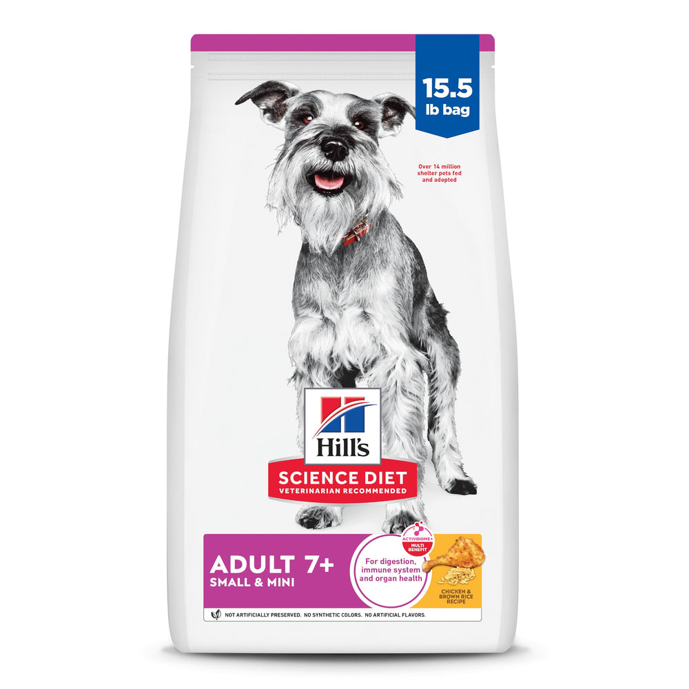 Hill's Science Diet envase frontal que muestra la fórmula Adult 7+ Small & Mini, informa confianza