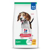 Hill's Science Diet paquete frontal mostrando la receta para cachorros y beneficios