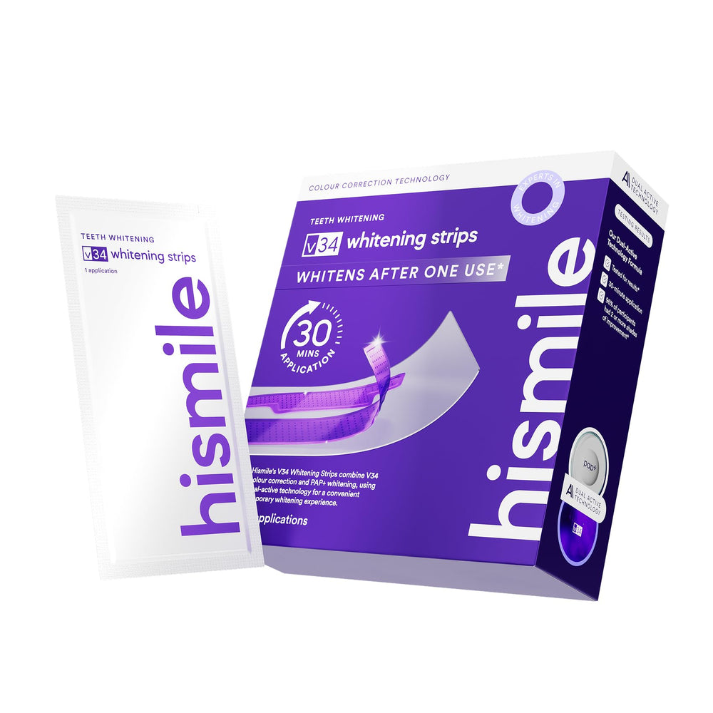 HISMILE V34 empaque frontal mostrando tiras y diseño, facilidad de uso