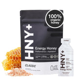 HNY+ envase frontal mostrando 12 sobres, conveniencia y energía orgánica