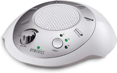 Homedics SoundSleep vista frontal plateada mostrando controles y diseño compacto para ahorro de espacio
