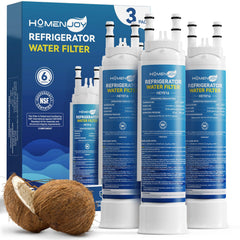 Homenjoy filtro frontal mostrando el cartucho y beneficio de agua más limpia