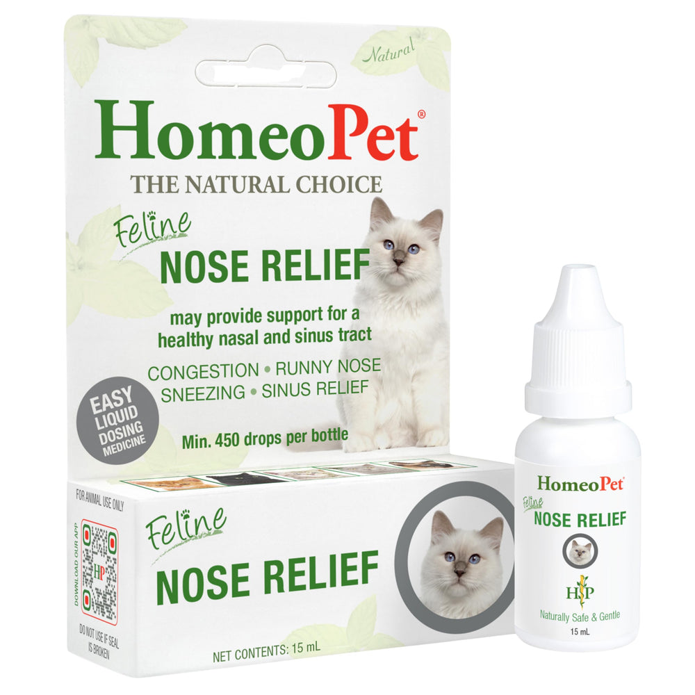HomeoPet Feline Nose Relief frasco frontal mostrando etiqueta y formato práctico