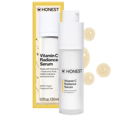 Honest Beauty botella frontal del sérum vitamina C mostrando diseño y volumen