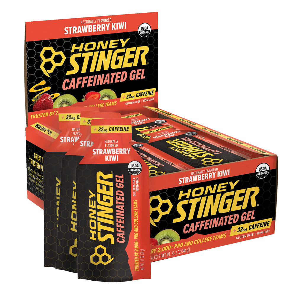 Honey Stinger frontal del empaque mostrando sabor fresa kiwi y beneficios energéticos