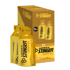 Honey Stinger frente del empaque mostrando 12 geles y conveniencia