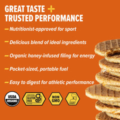 Honey Stinger primer plano de waffle con relleno resaltando textura crujiente y sabor