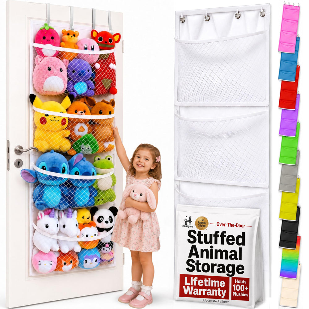 Honeyera front view over-door organizer showing neat toy storage benefit