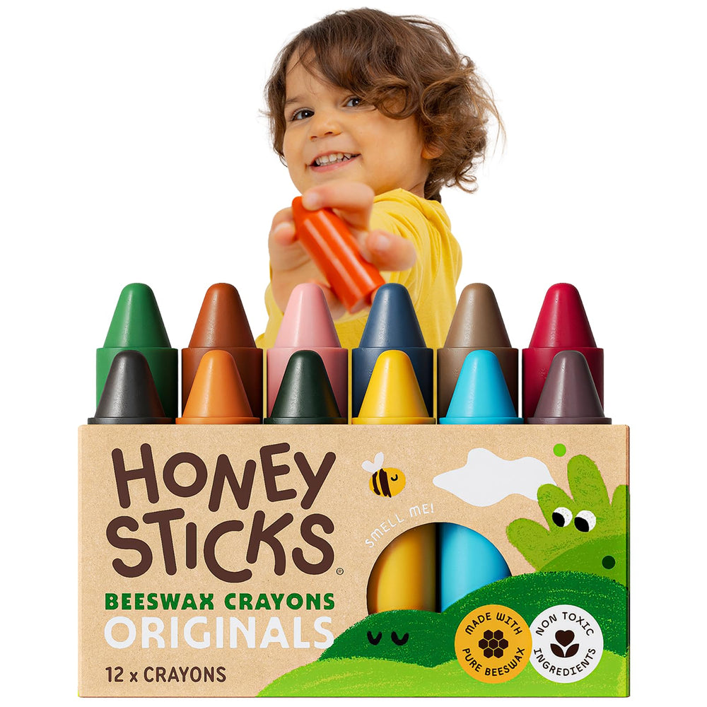 Honeysticks paquete frontal mostrando 12 crayones para bebés, seguridad visible