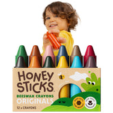 Honeysticks paquete frontal mostrando 12 crayones para bebés, seguridad visible