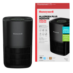 Honeywell purificador frontal negro mostrando diseño compacto y eficiencia